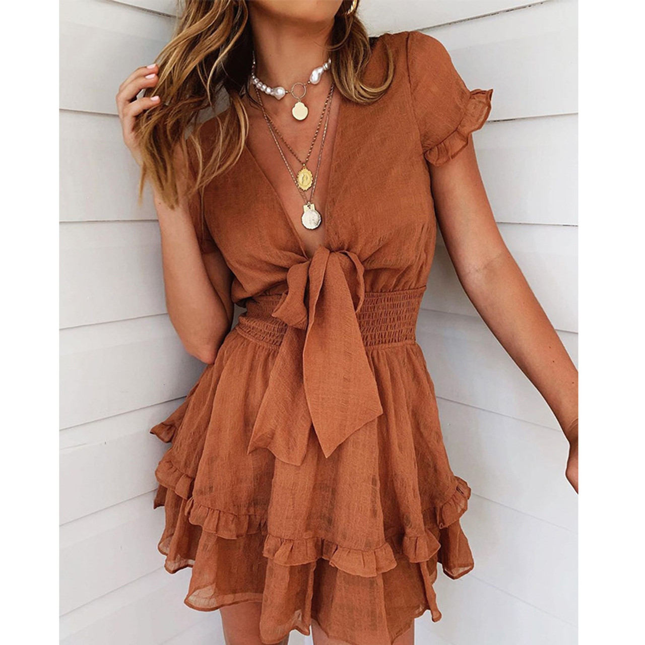 Women Ruffle Bowtie Mini Dress Summer ...